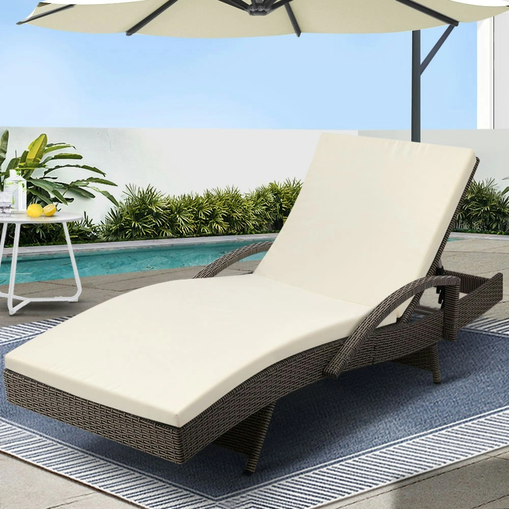 Gardeon Sun Lounge Wicker Lounger Outdoor Furniture Beach Chair Patio  Adjustable Cushion Grey&Beige