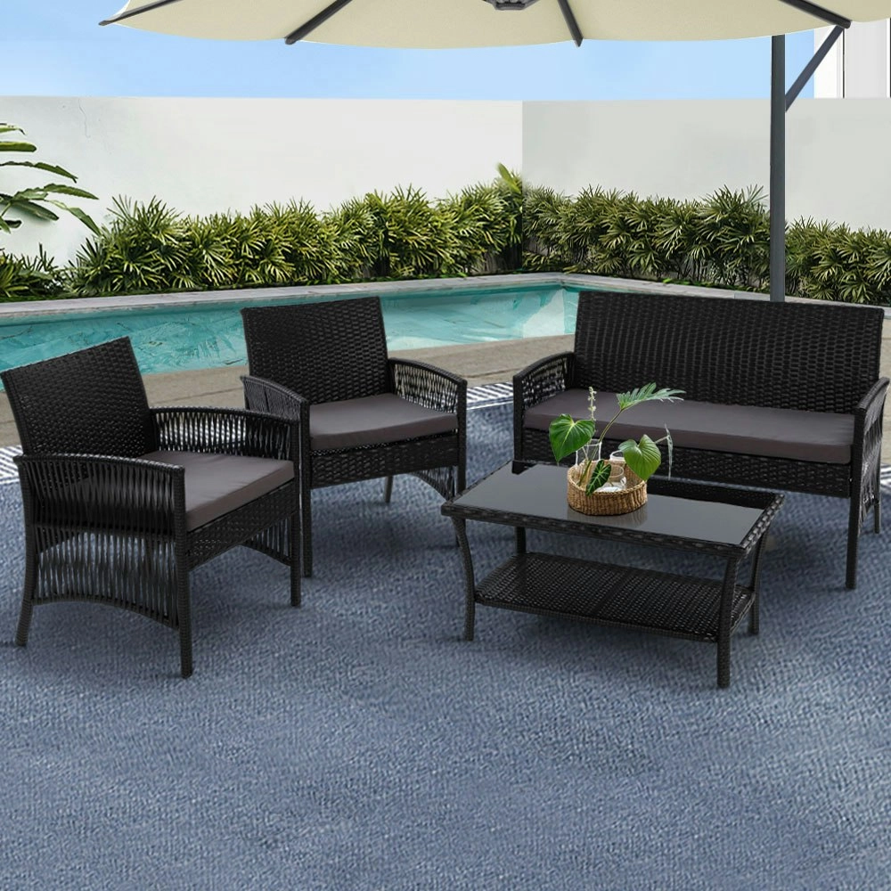 Gardeon 4PCS Outdoor Sofa Set Wicker Harp Chair Table Garden Furniture Black