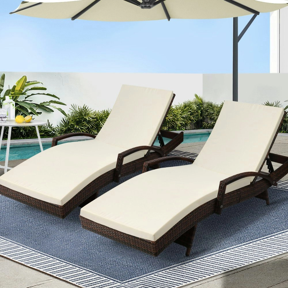 Gardeon 2PC Sun Lounge Wicker Lounger Outdoor Furniture Beach Chair Patio  Adjustable Cushion Brown