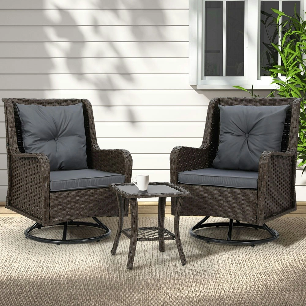 Gardeon 3PC Outdoor Furniture Bistro Set Lounge Wicker Swivel Chairs Table Cushion Black