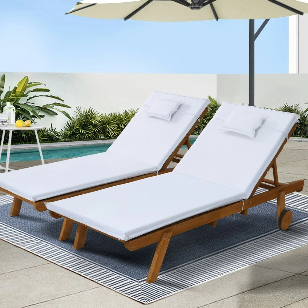 Gardeon 2x Sun Lounge Wooden Lounger Outdoor Furniture Day Bed Wheel Patio White