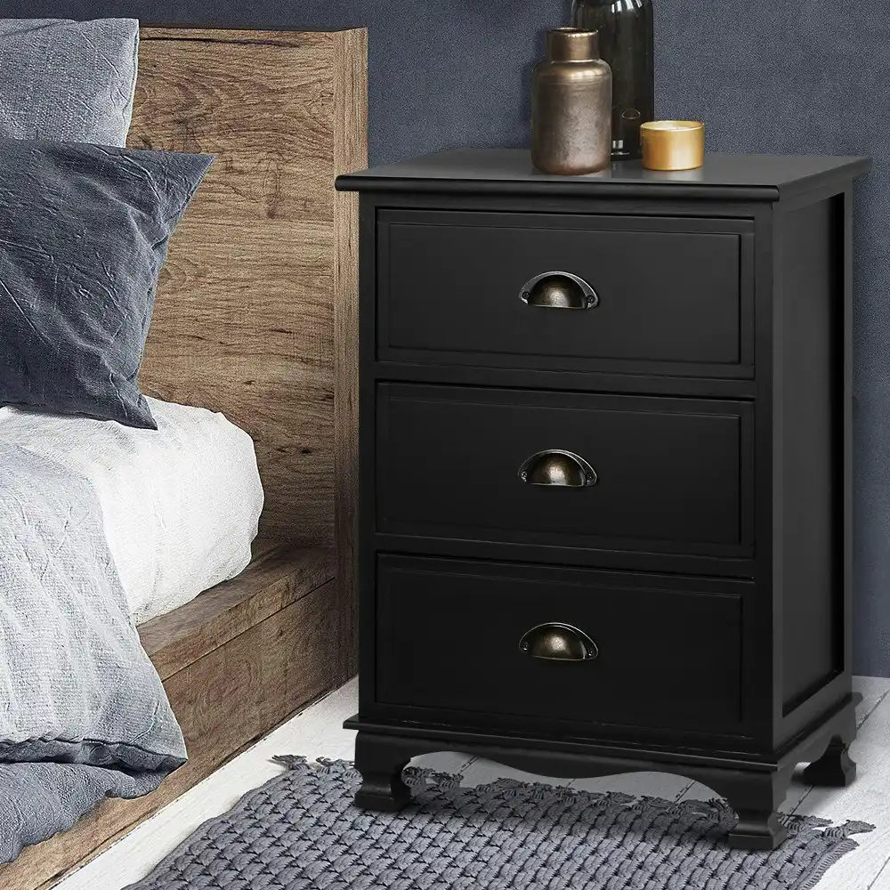 Artiss Bedside Table 3 Drawers Vintage - THYME Black