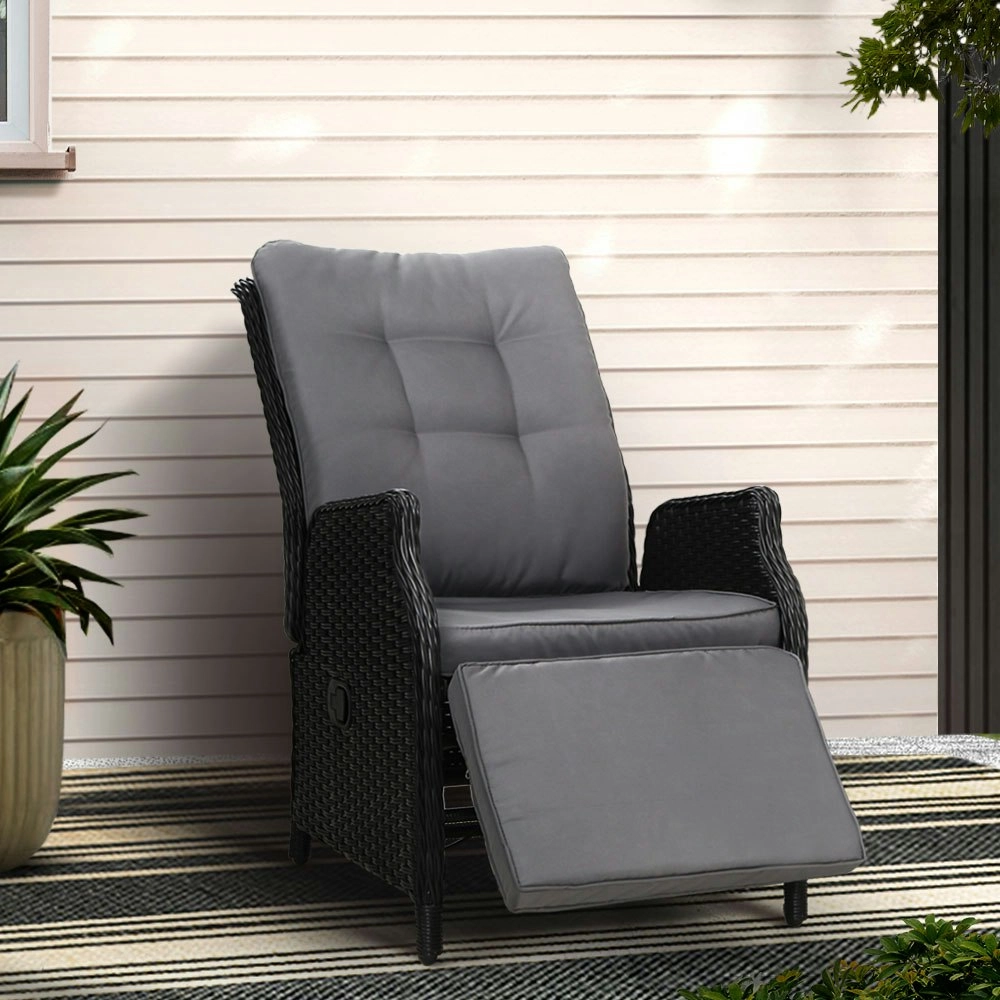 Gardeon Recliner Chairs Sun lounge Wicker Lounger Outdoor Furniture Patio Adjustable Black