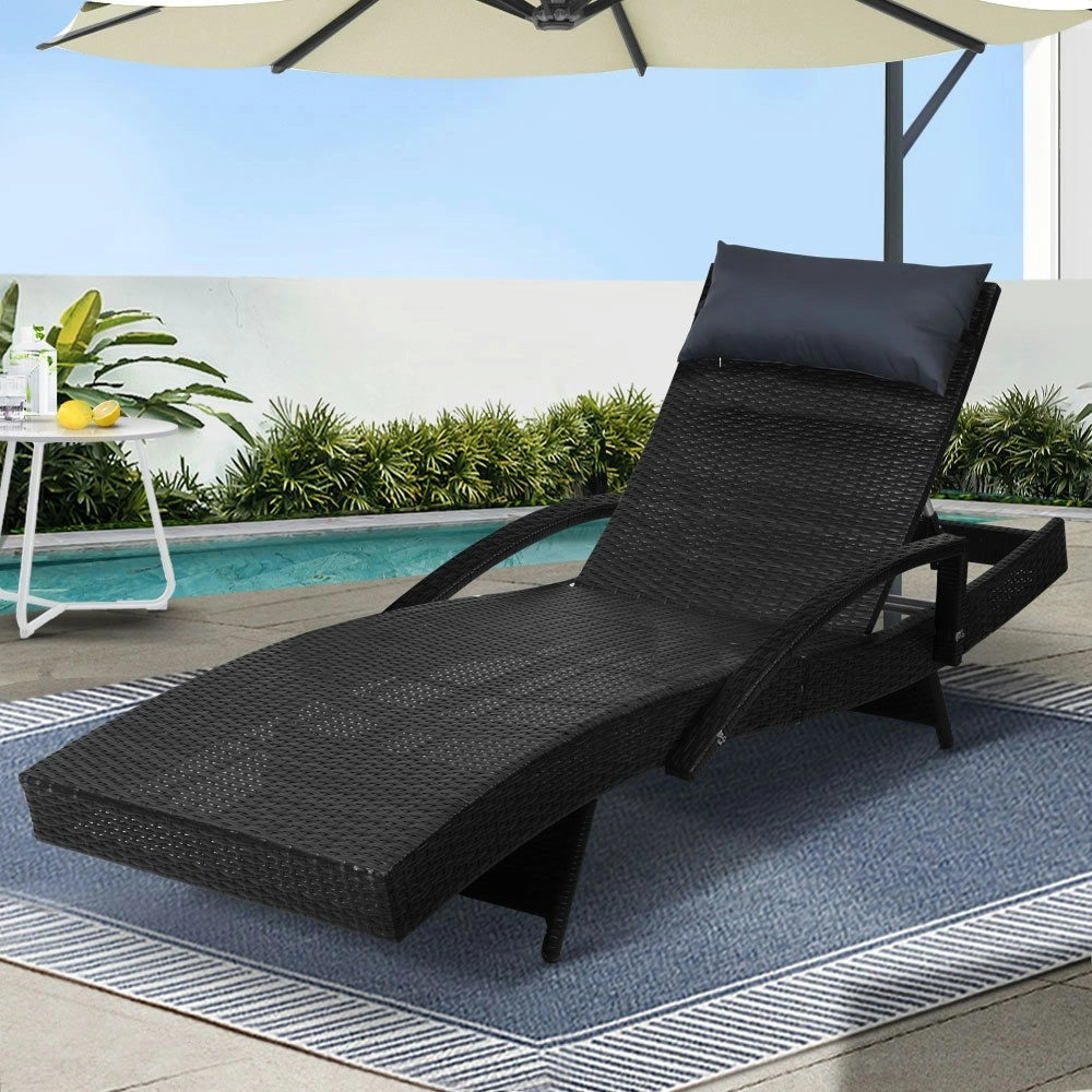 Gardeon Sun Lounge Wicker Lounger Outdoor Furniture Beach Chair Armrest  Adjustable Black