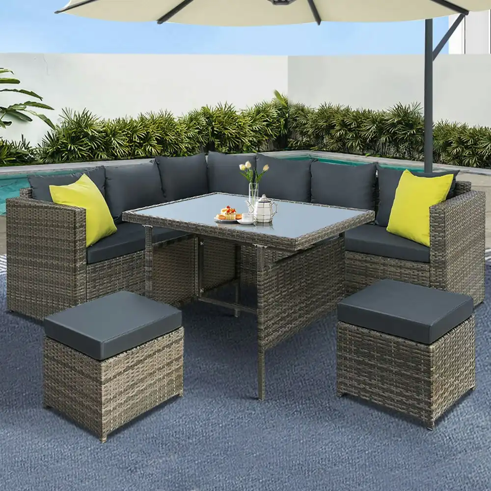 Gardeon Outdoor Dining Set Aluminum Table Chairs Wicker Setting Grey