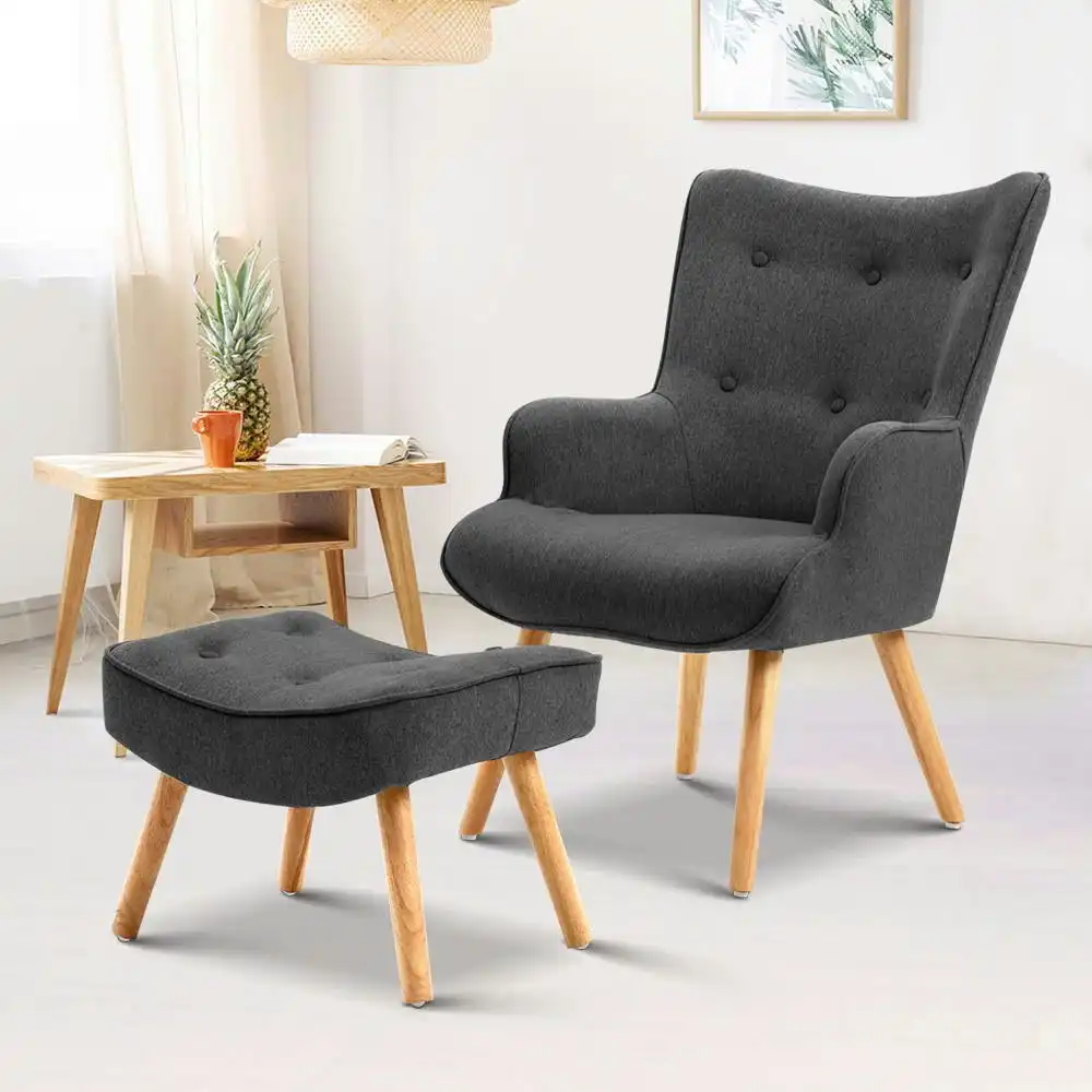 Artiss Armchair Lounge Chair Fabric Sofa Accent Chairs and Ottoman Charcoal