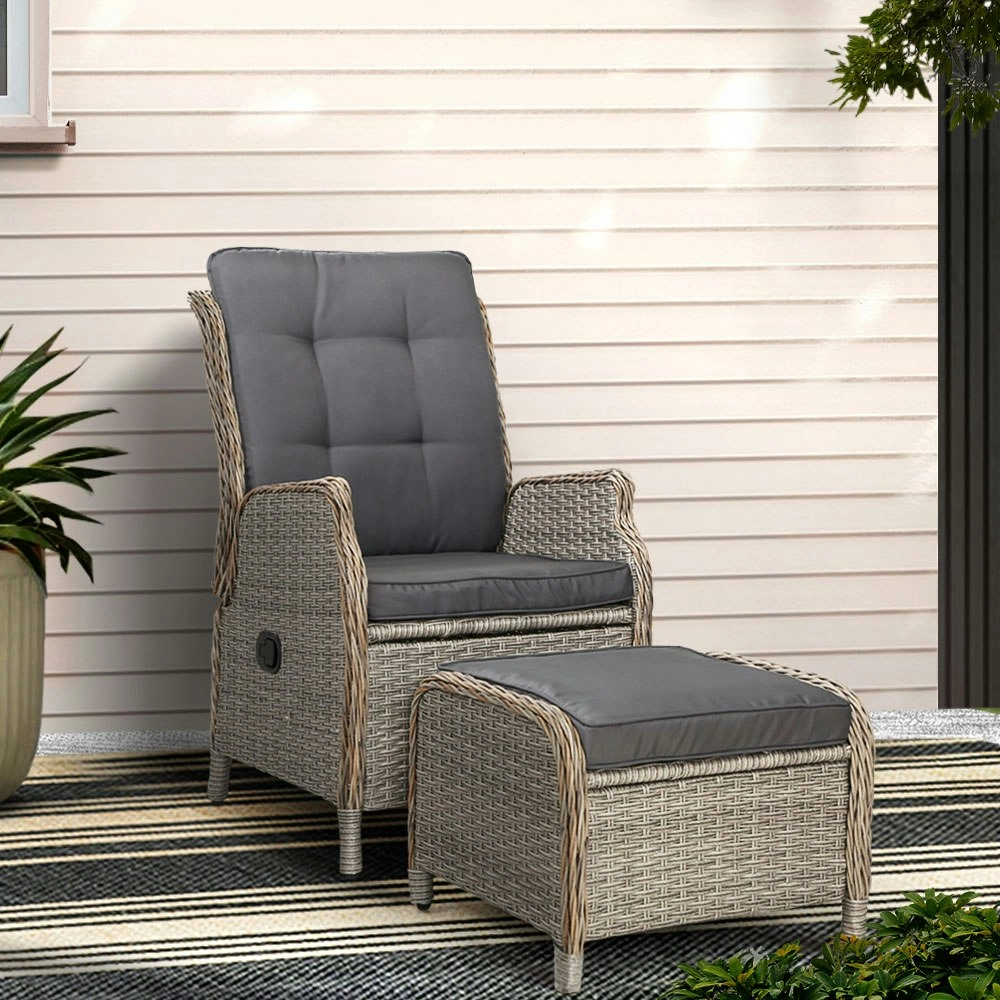 Gardeon Recliner Chair Sun lounge Wicker Lounger Outdoor Furniture Patio Adjustable Grey