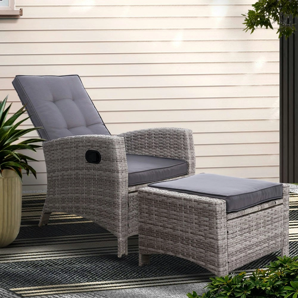 Gardeon Recliner Chair Sun lounge Wicker Lounger Outdoor Patio Furniture Adjustable Grey