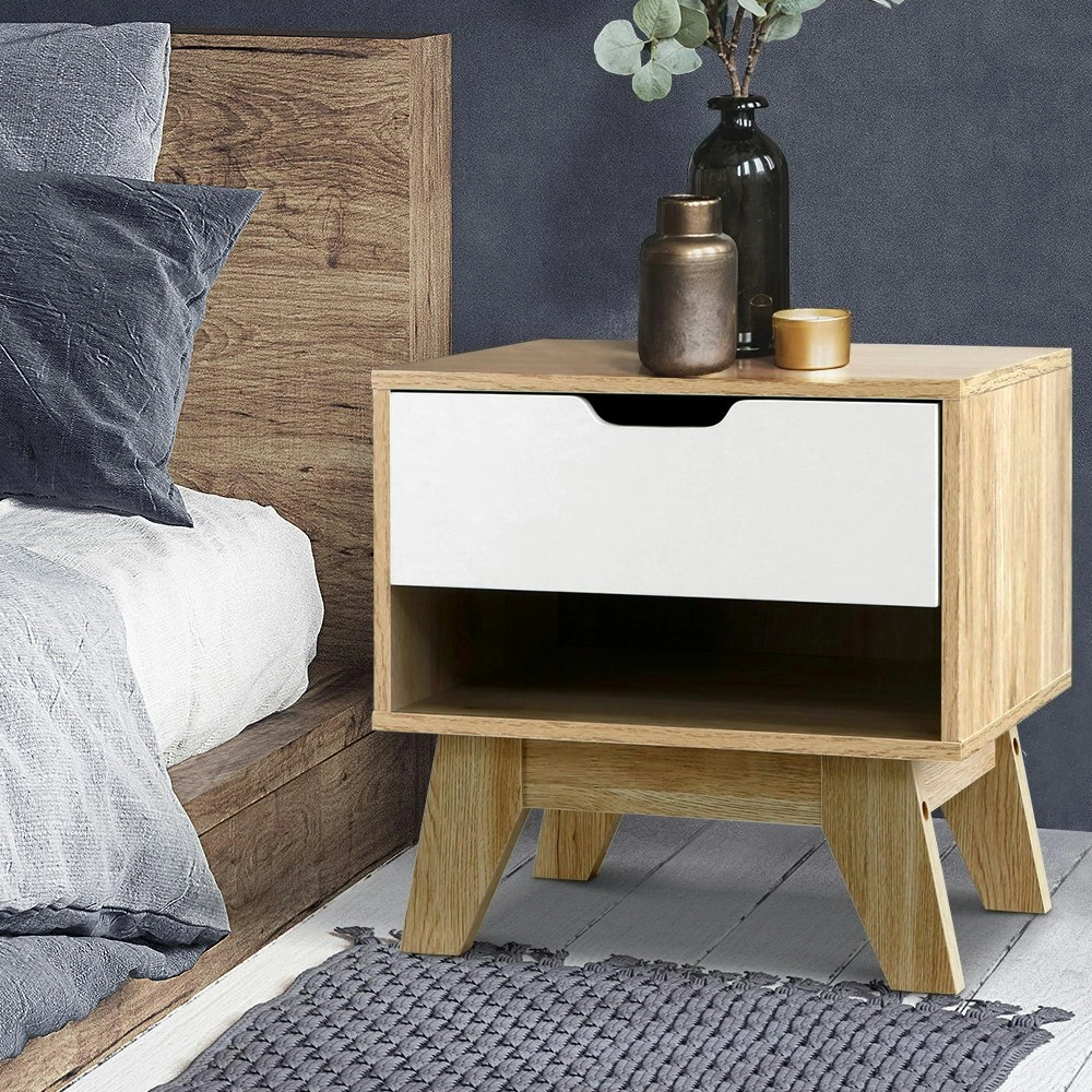 Artiss Bedside Table 1 Drawer with Shelf - IKER White & Oak