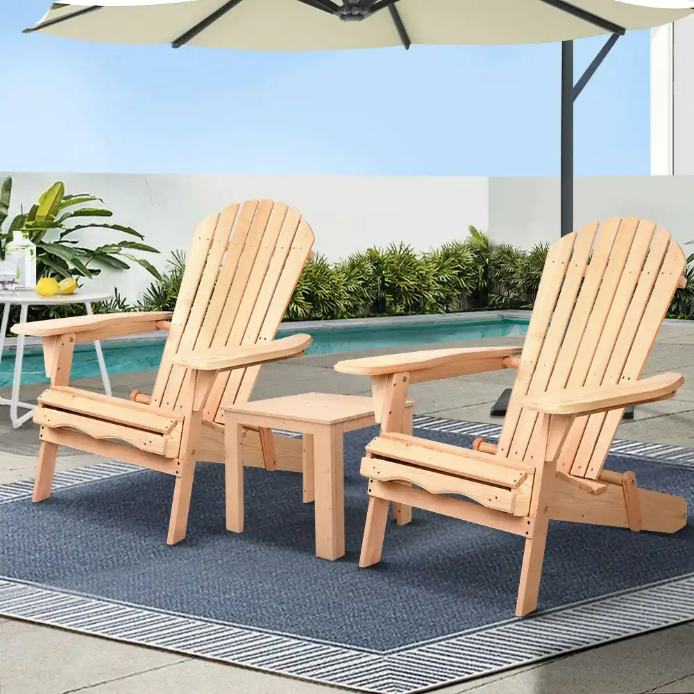 Gardeon 3PC Adirondack Outdoor Table and Chairs Wooden Foldable Beach Chair Natural