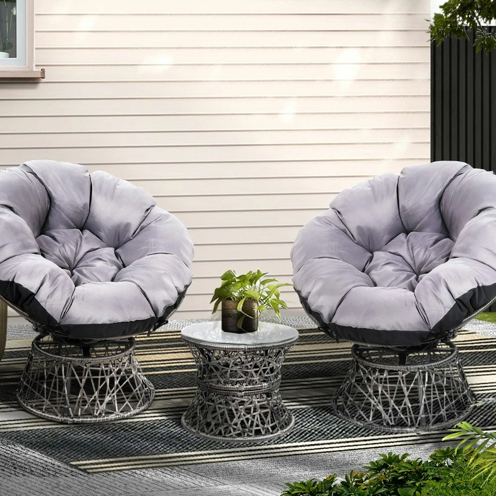 Gardeon Outdoor Lounge Setting Furniture Wicker Papasan Chairs Table Patio Grey