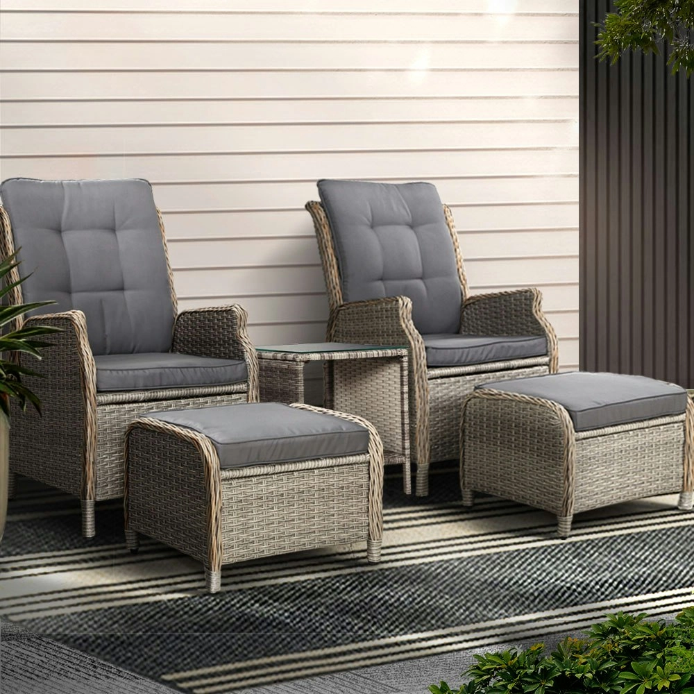 Gardeon 5PC Recliner Chairs Table Sun lounge Wicker Outdoor Furniture Adjustable Grey