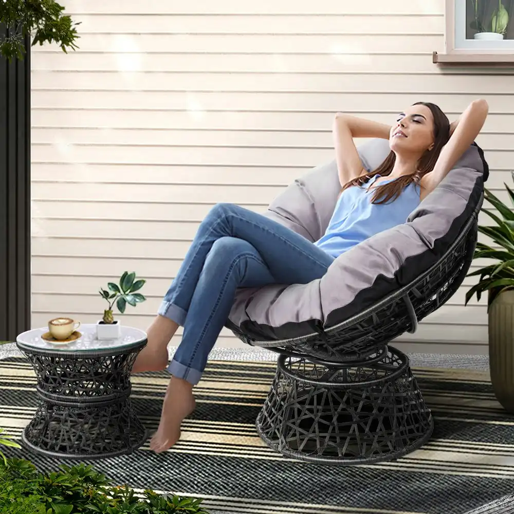 Gardeon Outdoor Lounge Setting Papasan Chair Wicker Table Garden Furniture Black