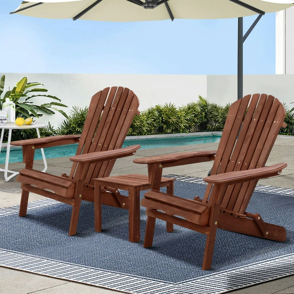 Gardeon 3PC Adirondack Outdoor Table and Chairs Wooden Foldable Beach Chair Brown