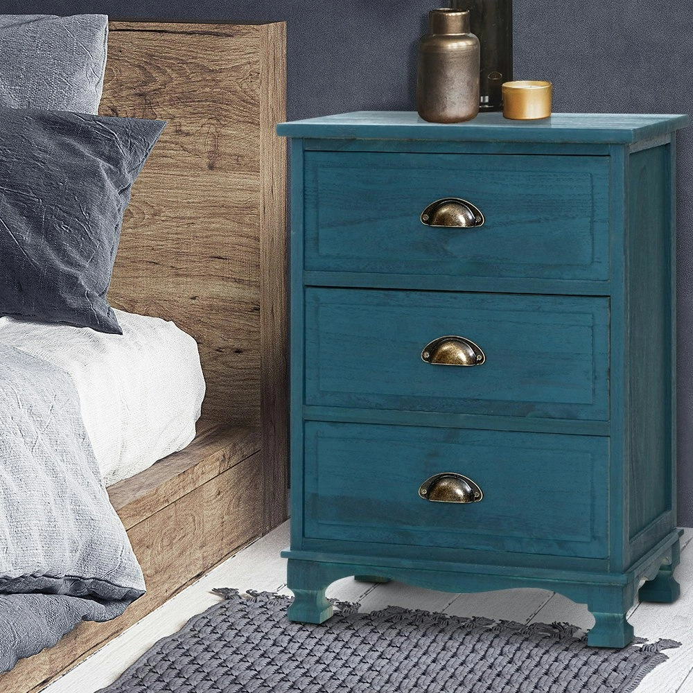 Artiss Bedside Table 3 Drawers Vintage - THYME Blue