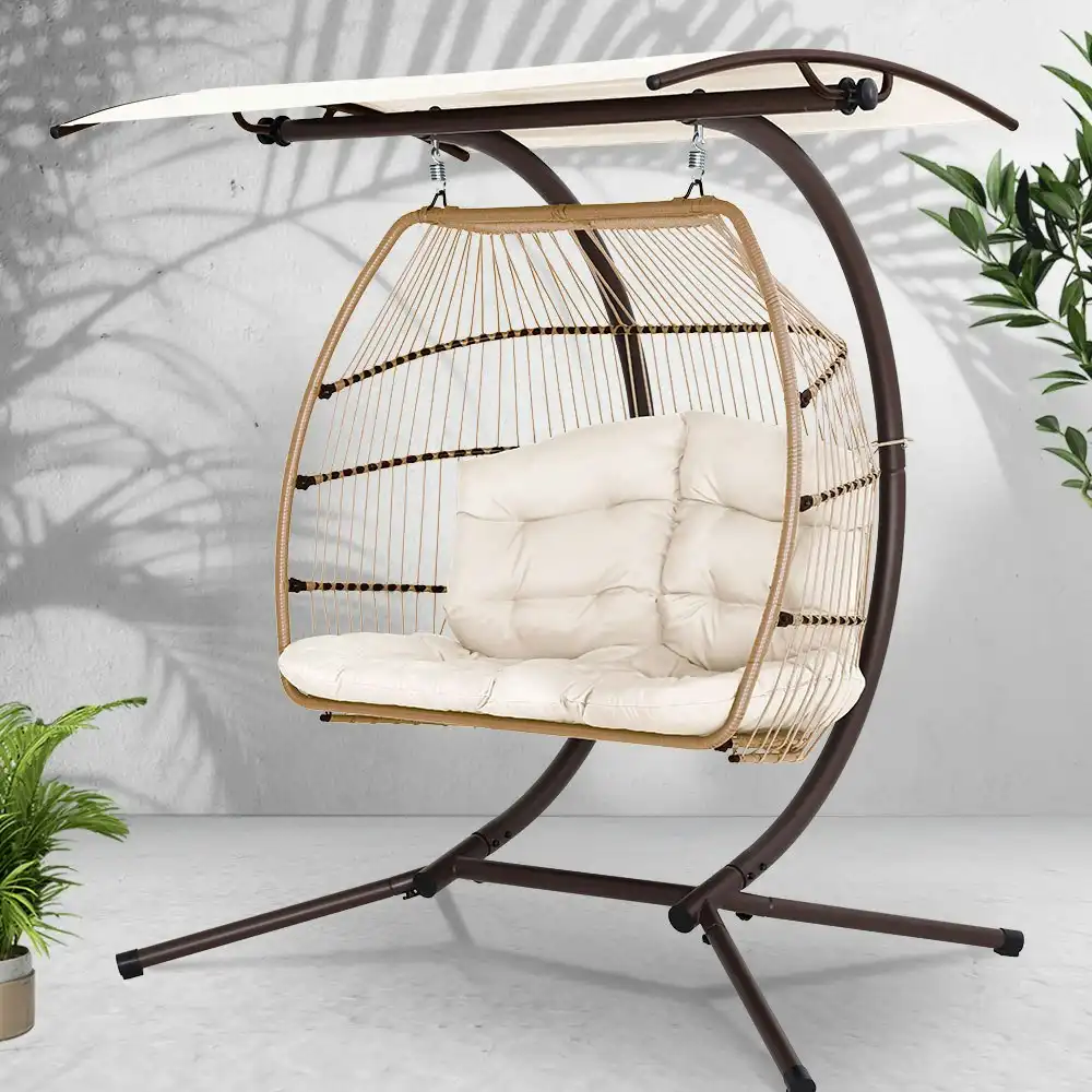 Gardeon Outdoor Egg Swing Chair Wicker Furniture Pod Stand Canopy 2 Seater Latte