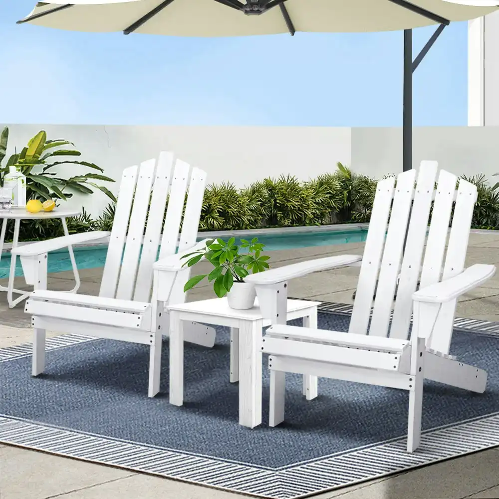 Gardeon 3PC Adirondack Outdoor Table and Chairs Wooden Beach Chair White