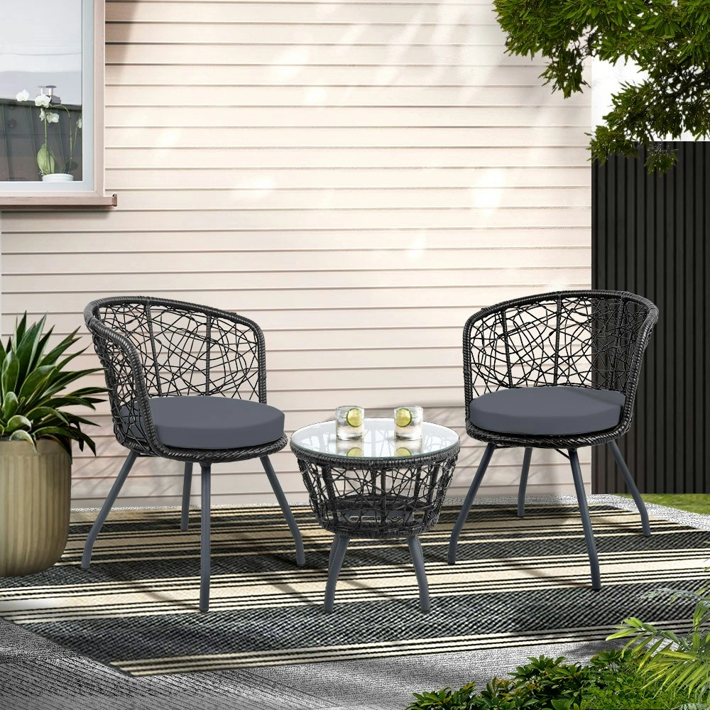 Gardeon 3PC Bistro Set Outdoor Furniture Rattan Table Chairs Patio Garden Cushion Black