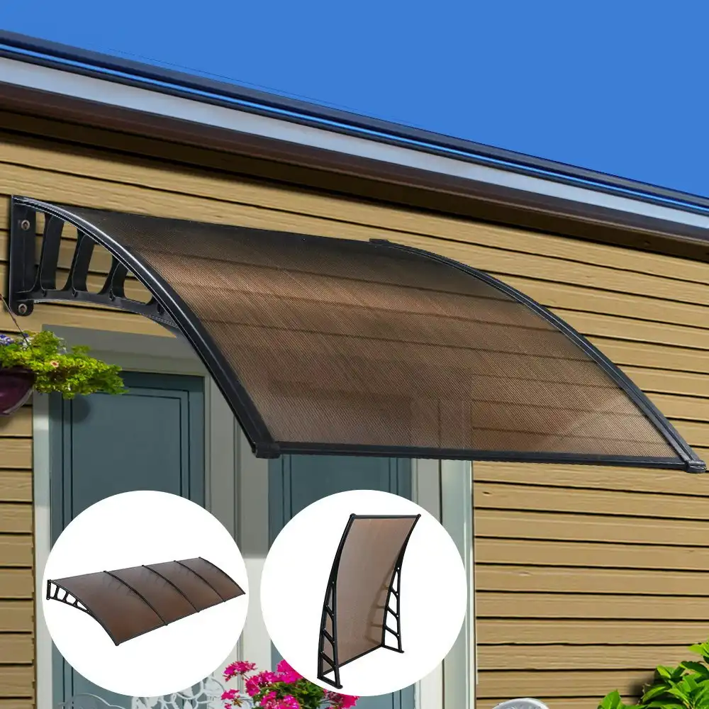 Instahut Window Door Awning Canopy 1.5mx4m Brown Sheet Black Plastic Frame