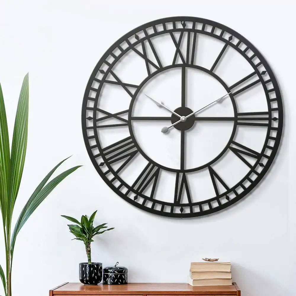 Artiss 60cm Wall Clock Large Roman Numerals Metal Black