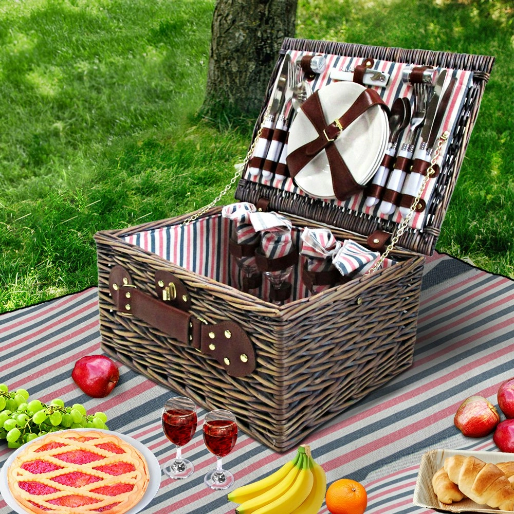 Alfresco 4 Person Picnic Basket Set Insulated Blanket Bag