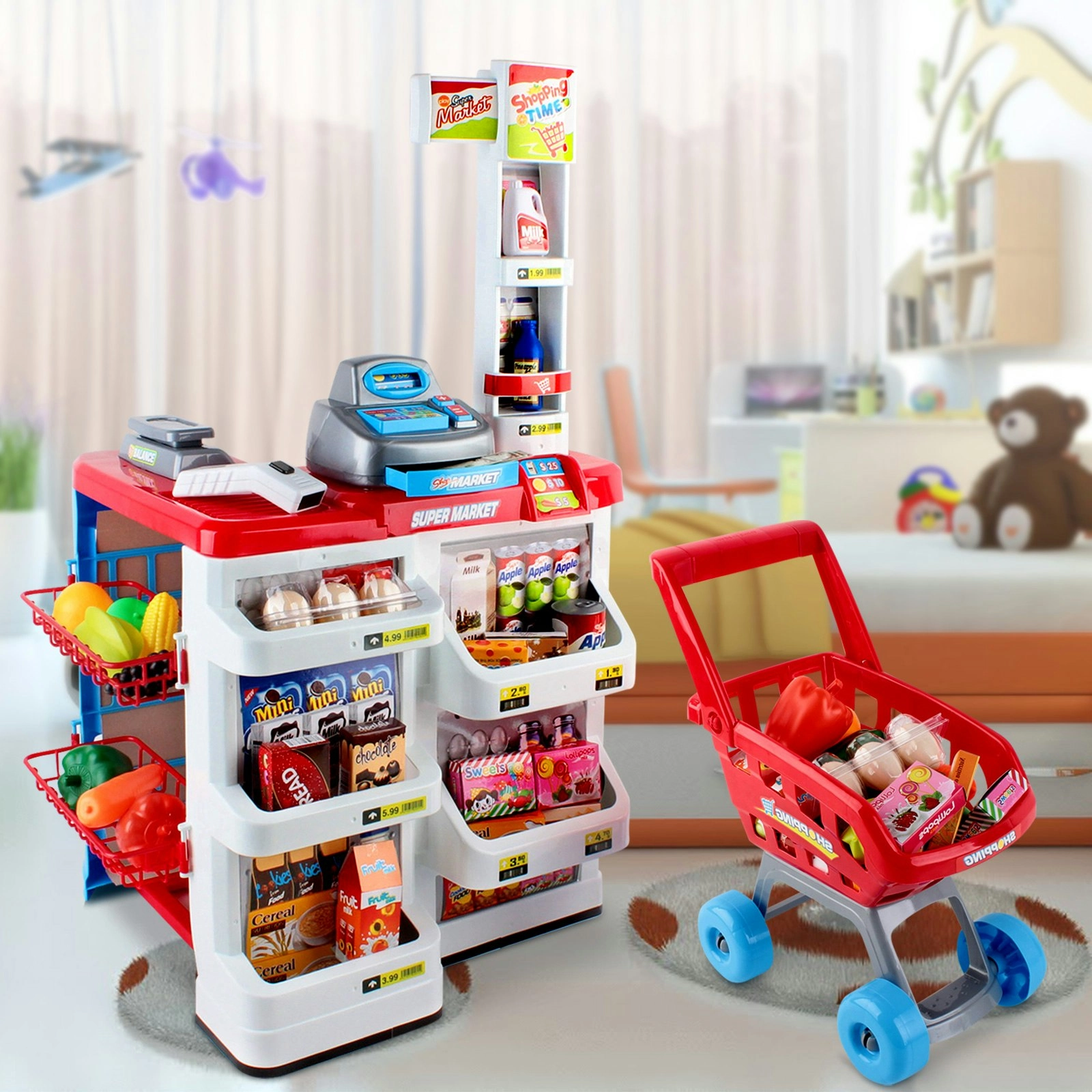 Keezi Kids Pretend Role Play Supermarket 24 Piece Playset Cash Register Trolley