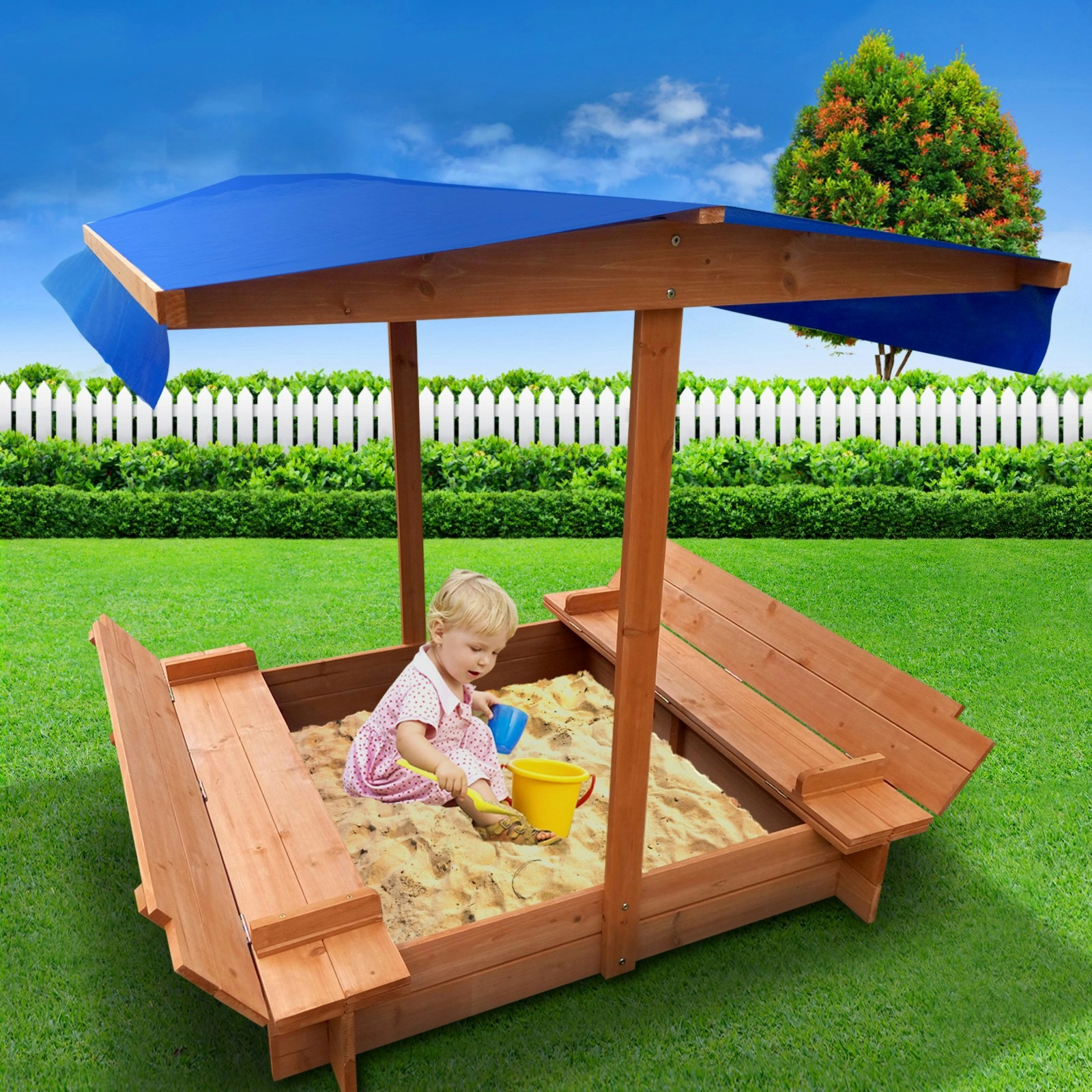 Keezi Kids Sandpit Wooden Sandbox Sand Pit with Canopy Foldable Seat Toys 120cm