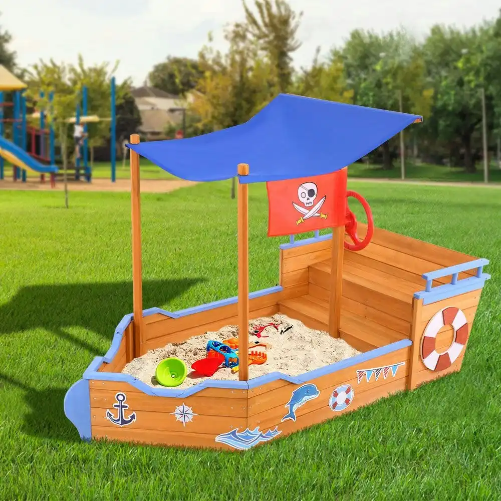 Keezi Kids Sandpit Wooden Boat Sand Pit with Canopy Bench Seat Beach Toys 165cm