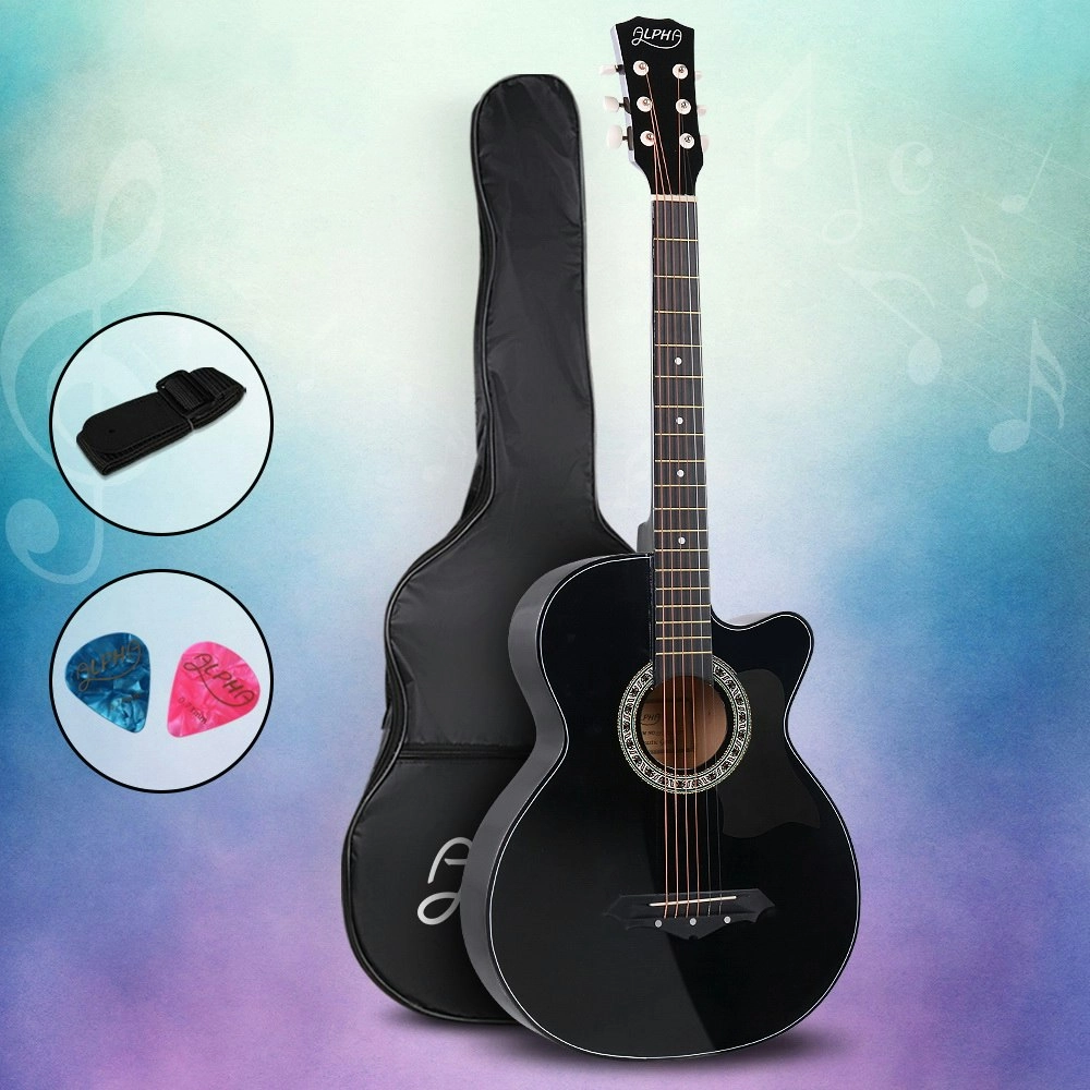 Alpha 38 Inch Acoustic Guitar Wooden Body Steel String Full Size Cutaway Black