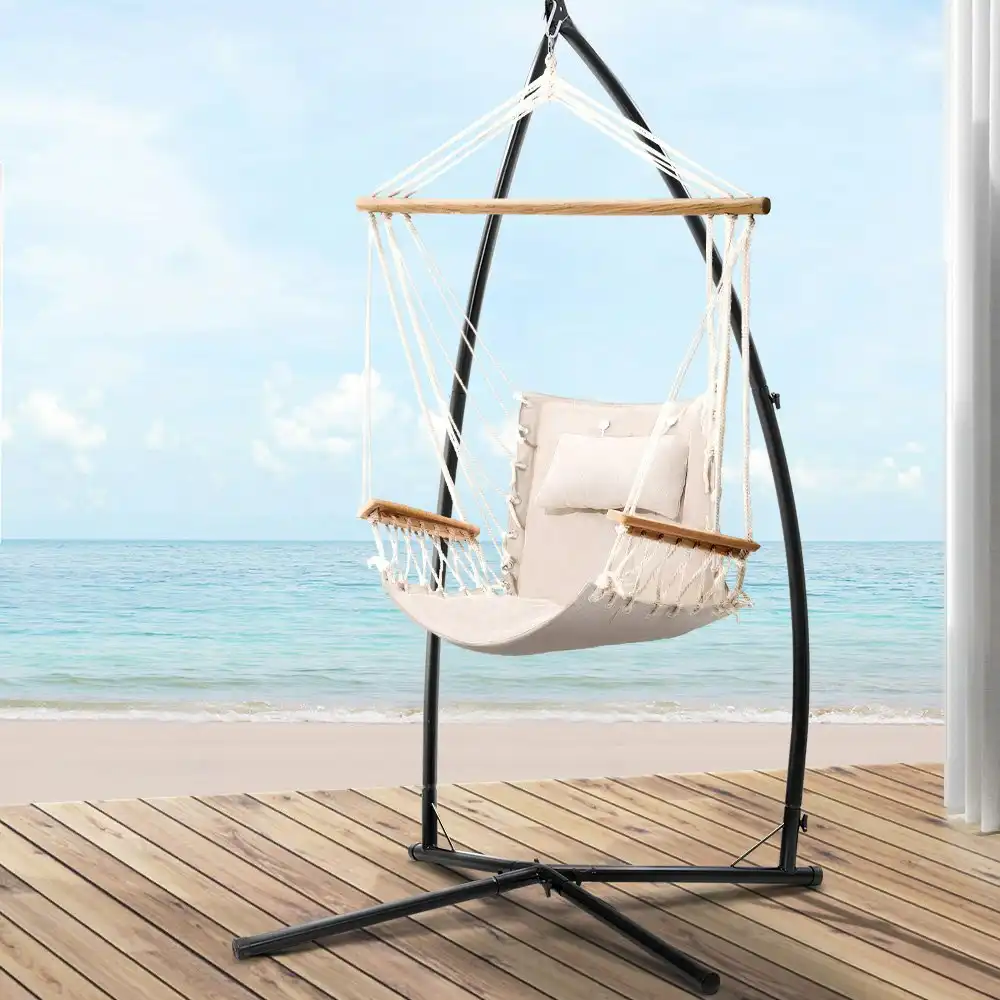 Gardeon Hammock Chair with Steel Stand Armrest Outdoor Hanging Cream