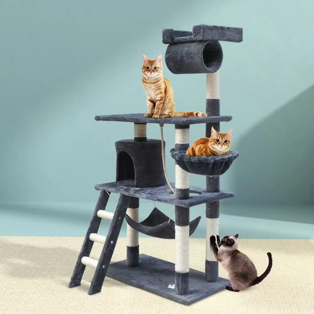 i.Pet Cat Tree 141cm Tower Scratching Post Scratcher Condo Wood House Bed Grey