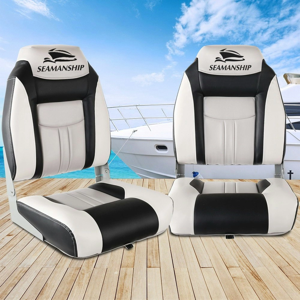 Seamanship 2X Folding Boat Seats Marine Seat Swivel High Back 12cm Padding Grey