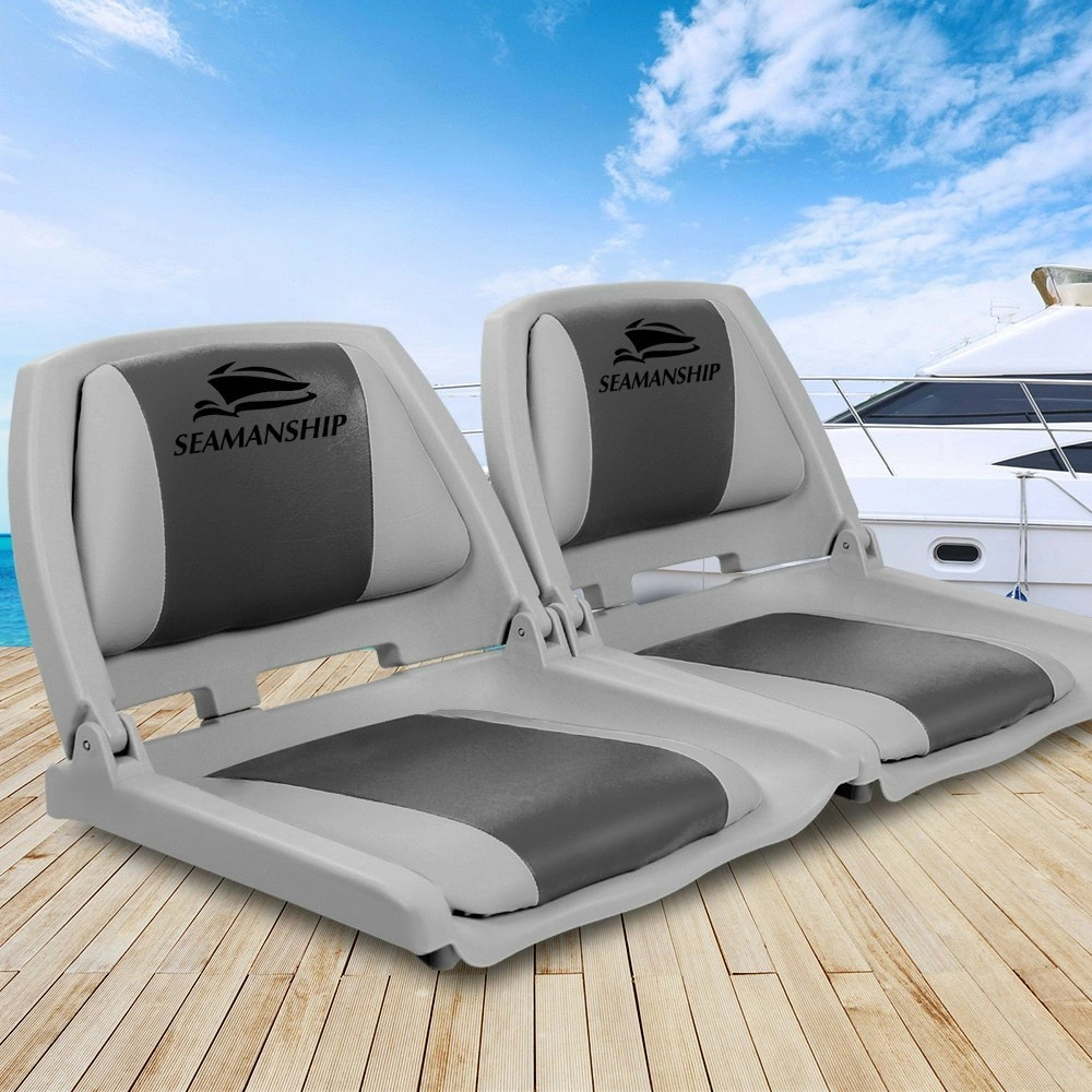 Seamanship 2X Folding Boat Seats Marine Seat Swivel Low Back 4cm Padding Grey