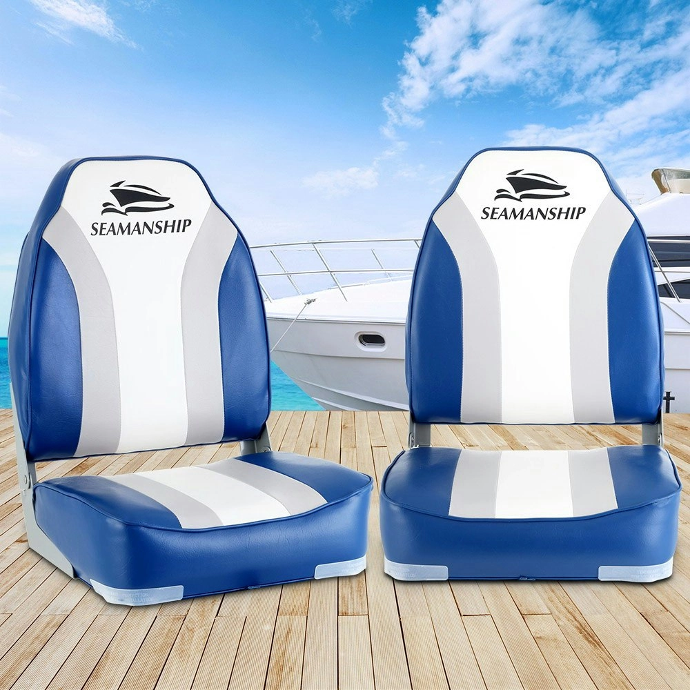 Seamanship 2X Folding Boat Seats Marine Seat Swivel High Back 12cm Padding Blue