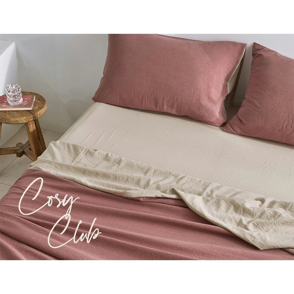 Cosy Club Cotton Bed Sheets Set Red Beige Cover Single