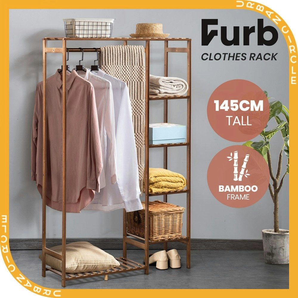 Furb Open Wardrobe Clothes Rail Rack Hanging Garment Bamboo Organizer Coat Shelf Stand Shoes Storage