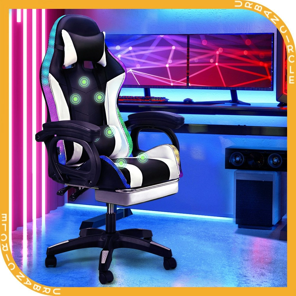 Furb Gaming Chair Computer LED Massage Seat Footrest Support White Office Chair