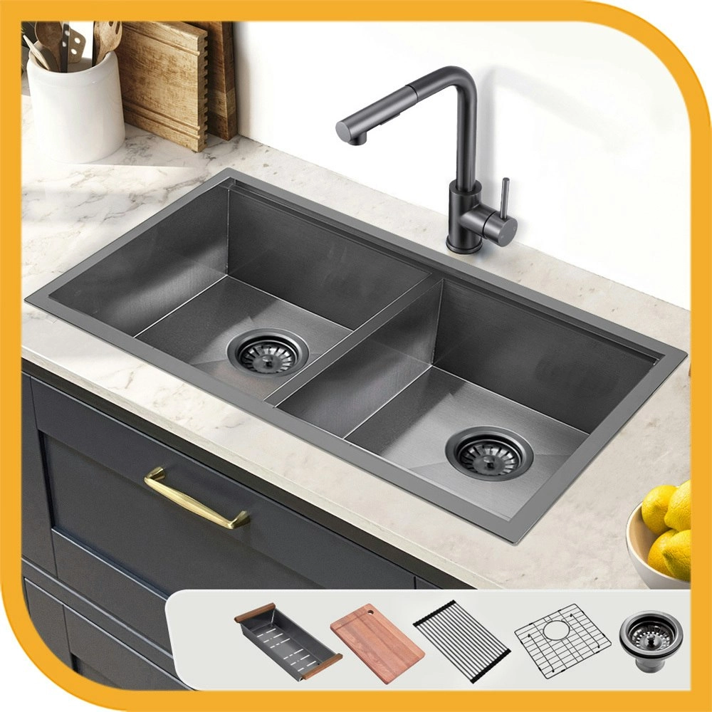 Simplus Stainless Steel Kitchen Workstation Sink 82x45CM Laundry Undermount Double Bowl Set Black