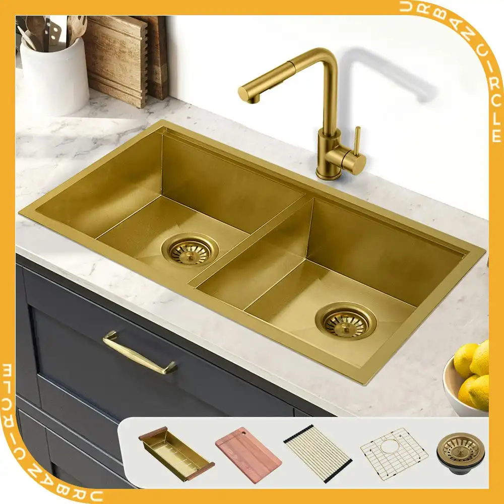 Simplus Stainless Steel Kitchen Workstation Sink 82x45CM Laundry Undermount Double Bowl Set Gold