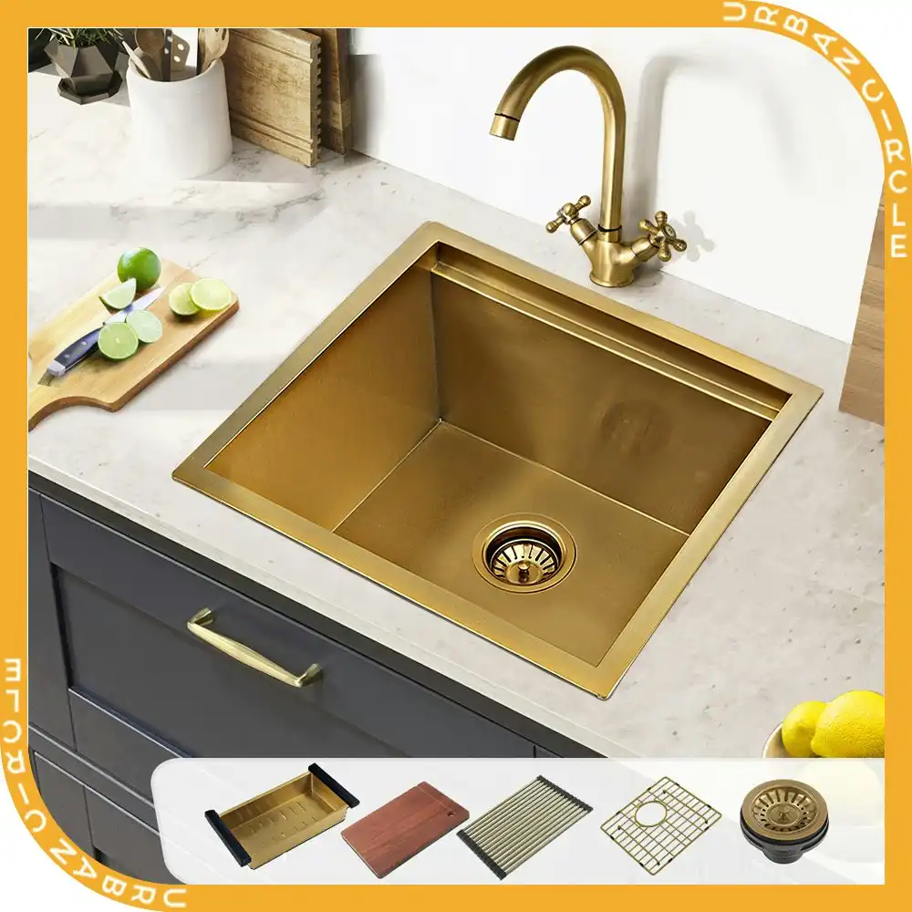 Simplus Stainless Steel Kitchen Workstation Sink 45x45CM Laundry Undermount Single Bowl Set Gold