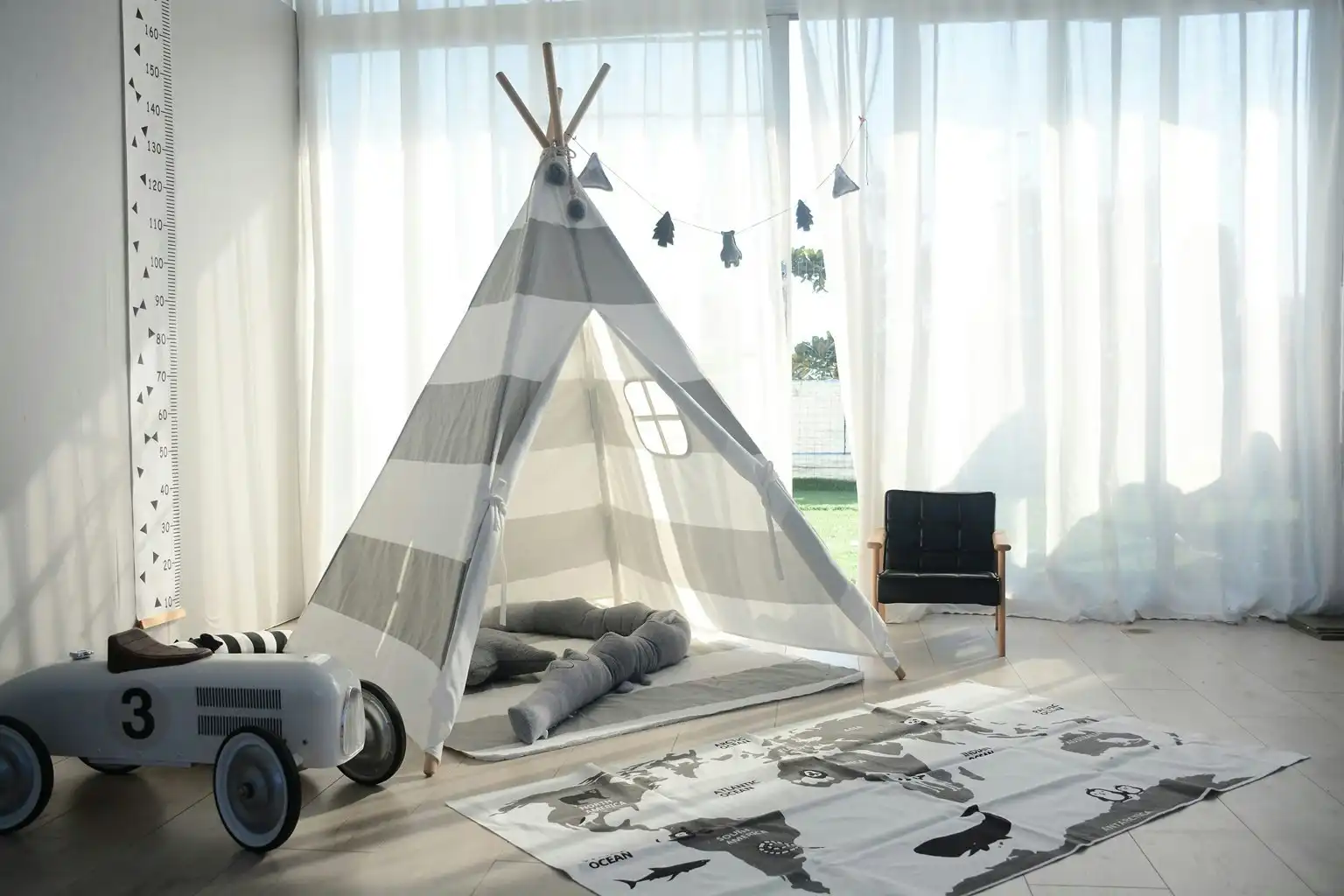 All 4 Kids Asher Cotton Canvas Kids Grey Stripe Square Teepee Tent