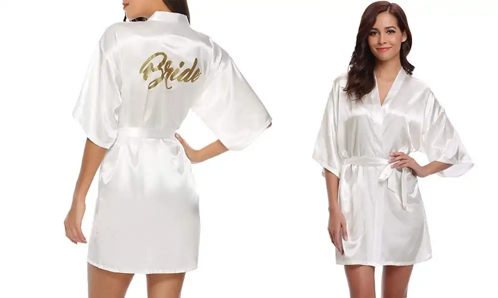 Women's Wedding Robe with Gold Glitter Print - Bride