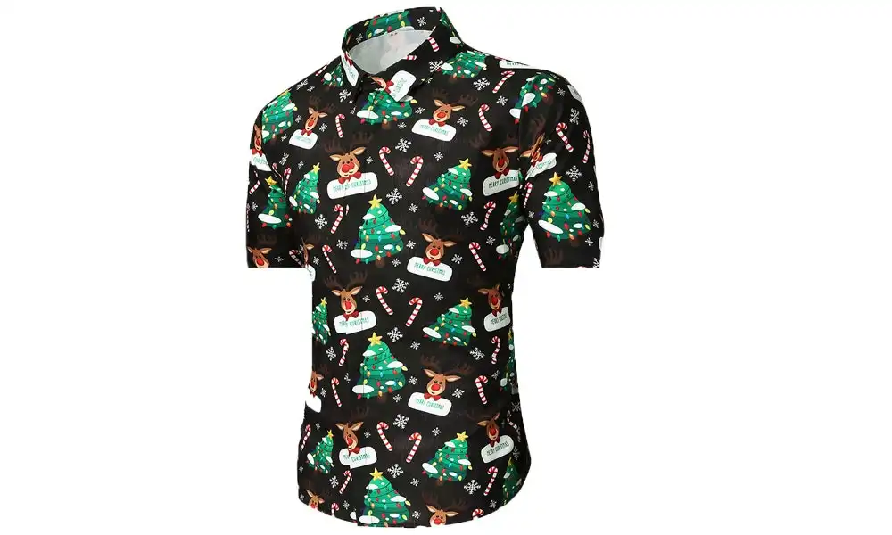 Men's Collared Short Sleeve Christmas Shirt - Black Reindeer