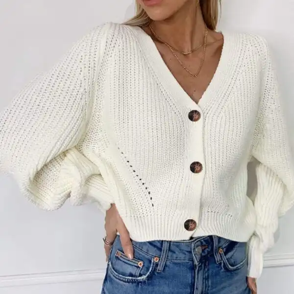 Women's Cropped Knit Button Cardigan - Cream