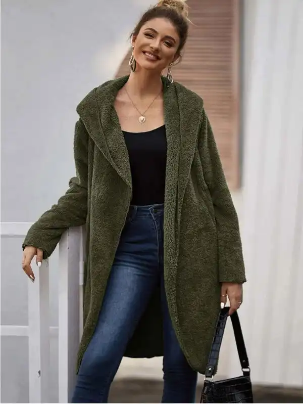 Women's Open Front Teddy Coat with Pockets - Khaki