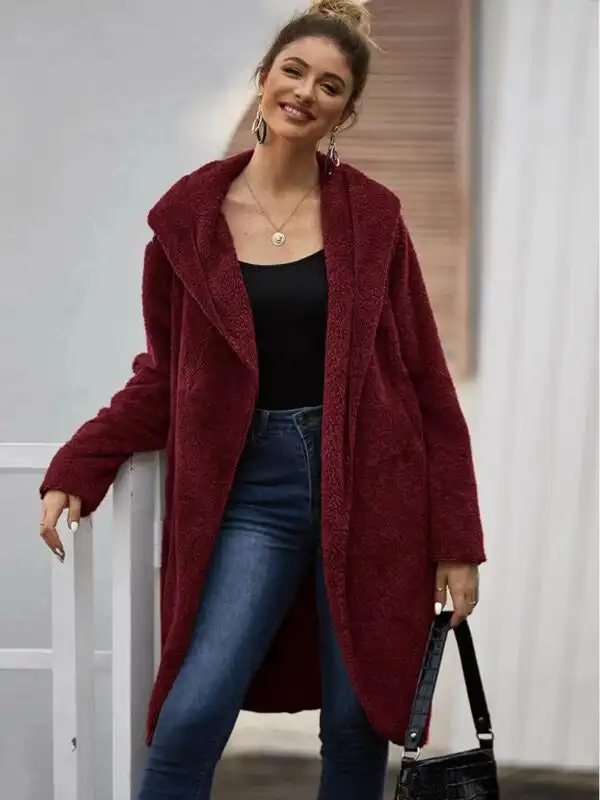 Women's Open Front Teddy Coat with Pockets - Wine