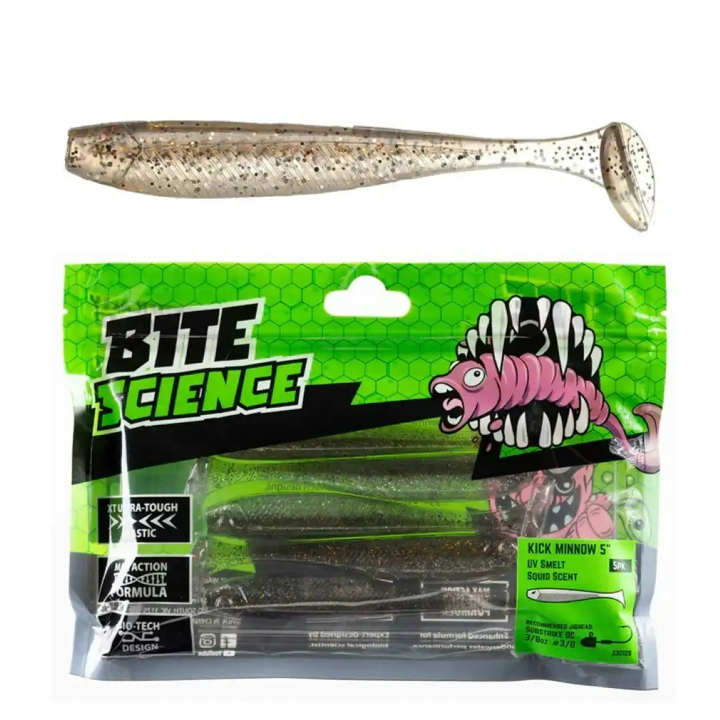 5 Pack of 5 Inch Bite Science Kick Minnow Soft Plastic Lures - UV Smelt