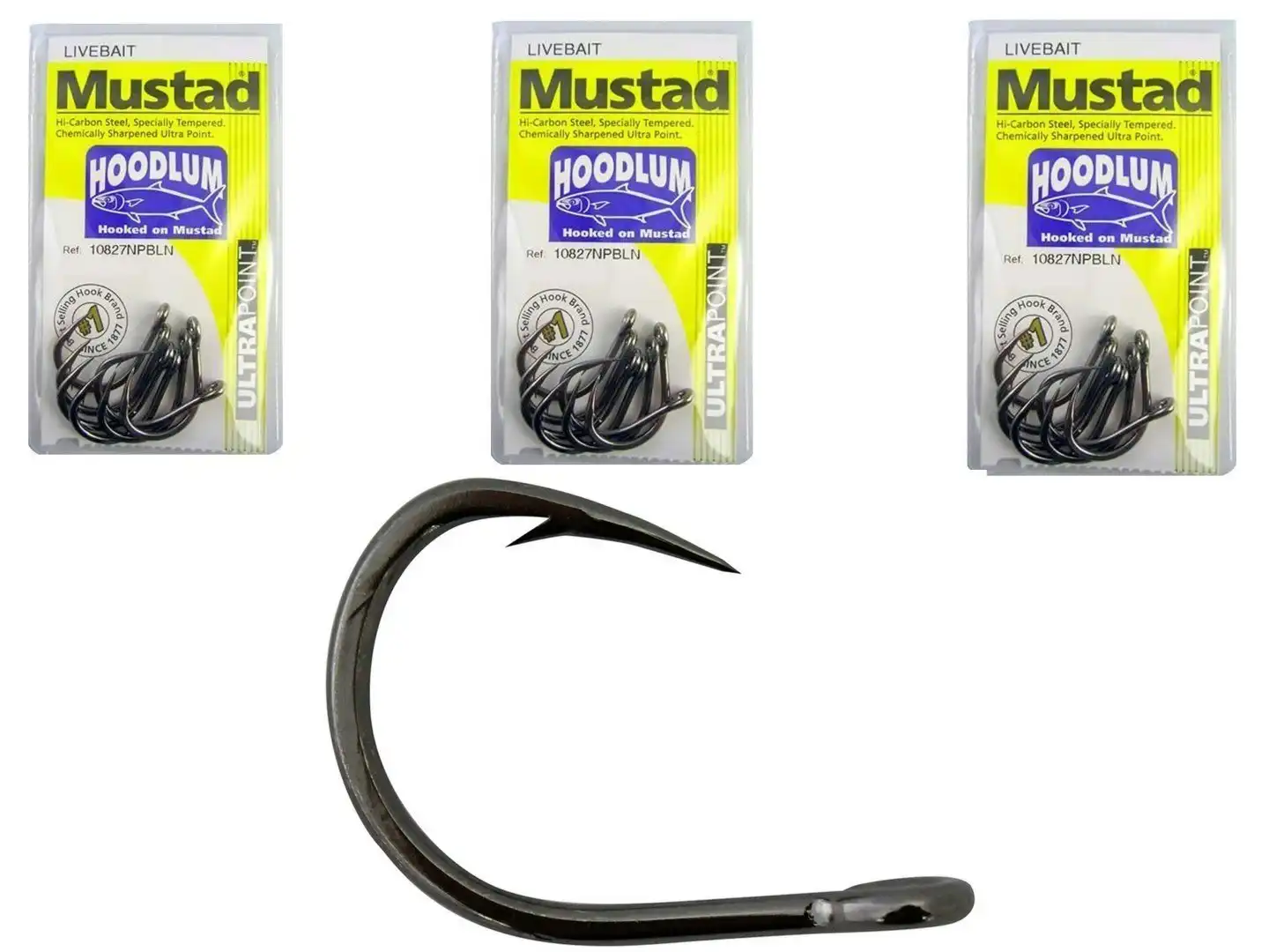 3 Packs of Mustad 10827NPBLN Hoodlum 4x Strong Chemically Sharp Fishing Hooks