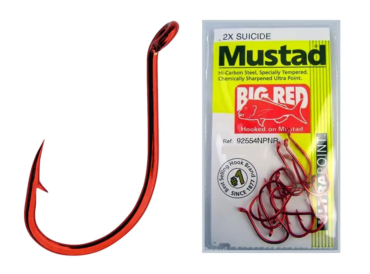 1 Packet of Mustad 92554NPNR Big Red Chemically Sharp Fishing Hooks