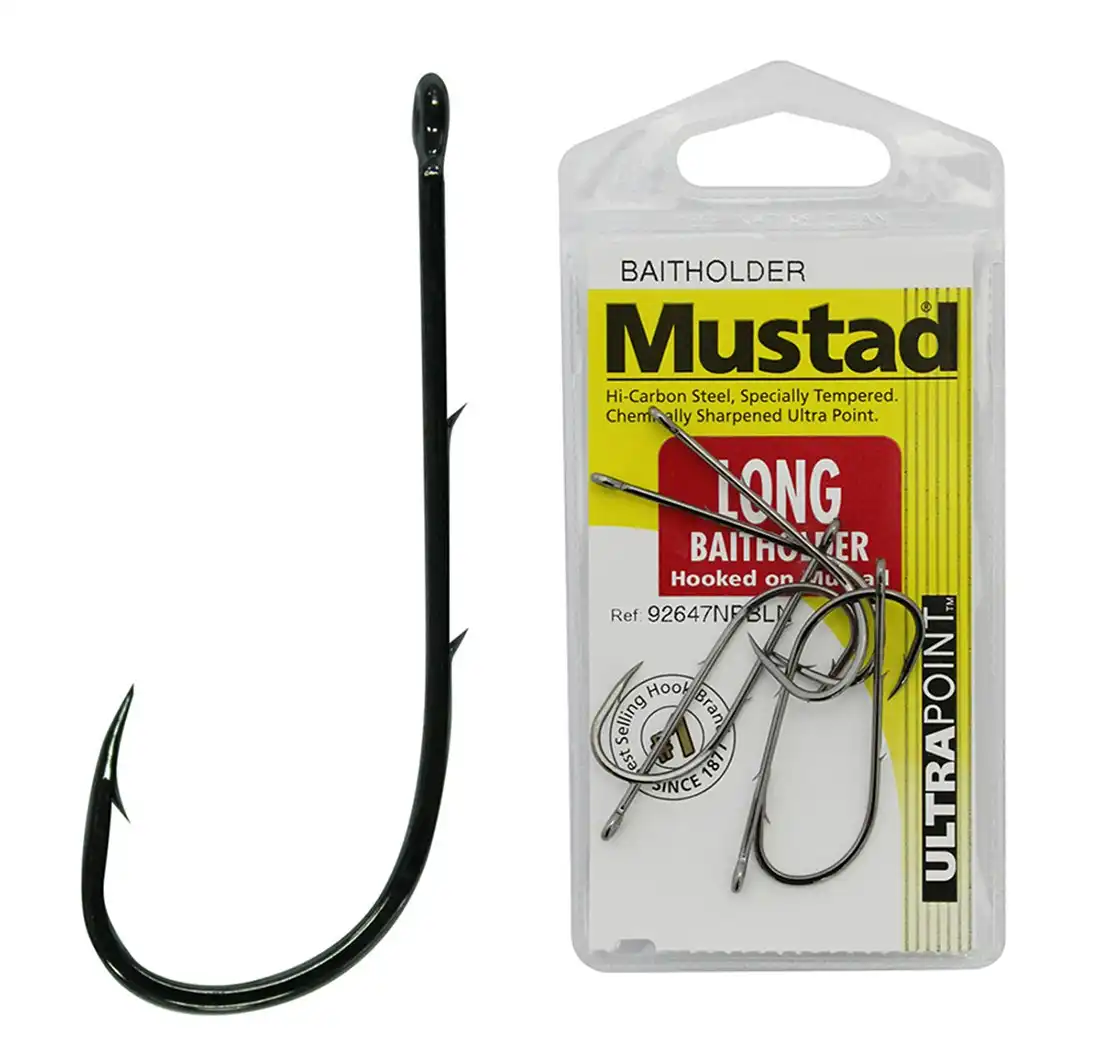 1 Packet of Mustad 92647NPBLN Long Baitholder Chemically Sharp Fishing Hooks